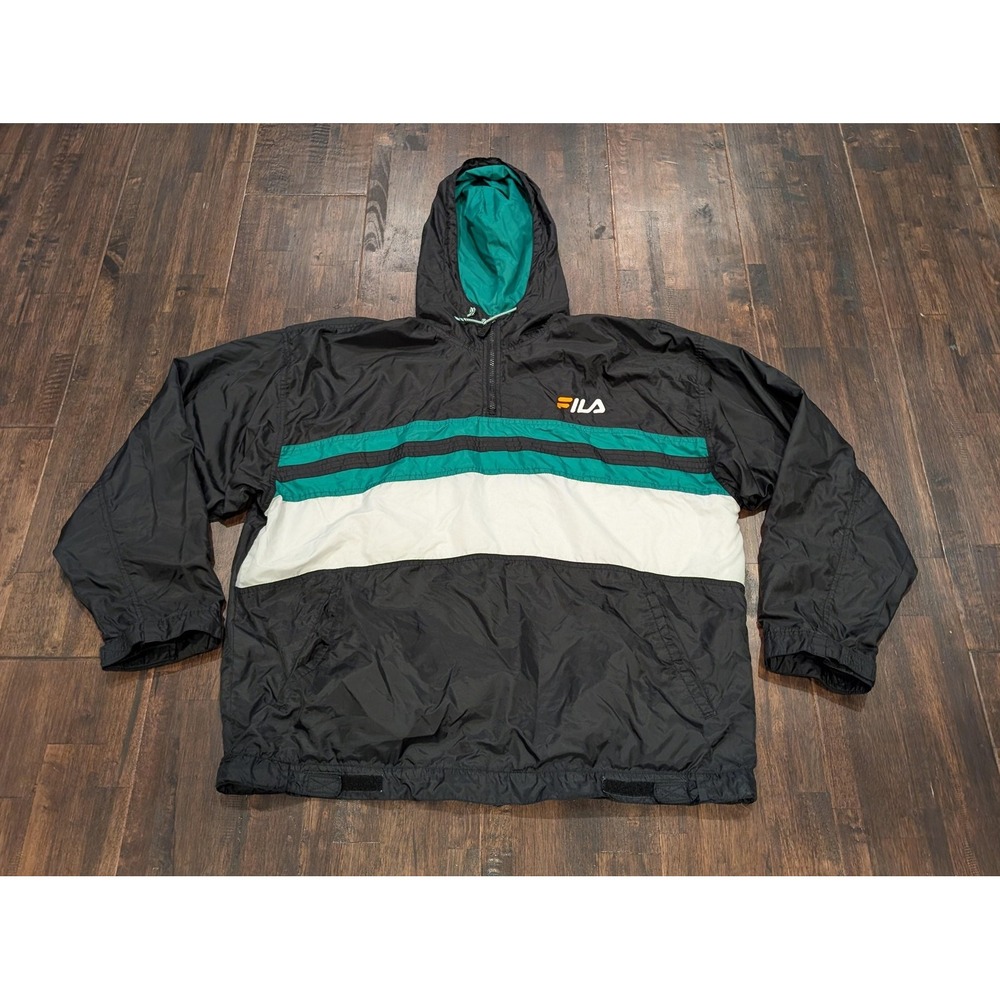 FILA Jacket Mens XL Black Green Colorblock‎ Windbreaker Hooded Nylon Retro Style